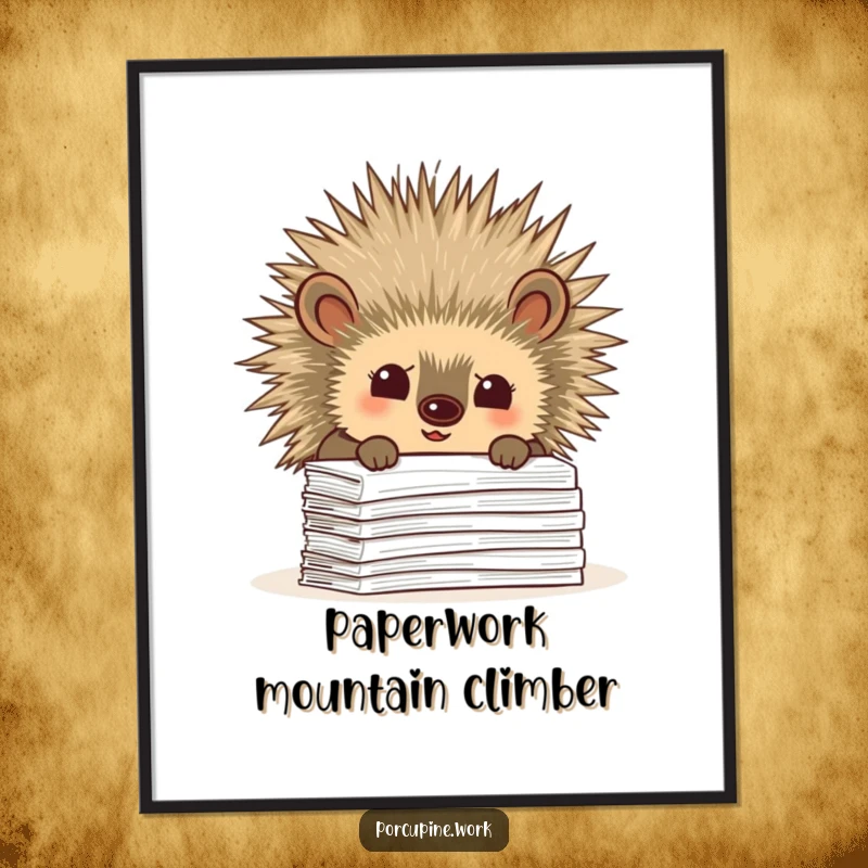 Funny Free Printable Wall Art: A porcupine peeking over a stack of paperwork with a curious tilt, office intrigue.