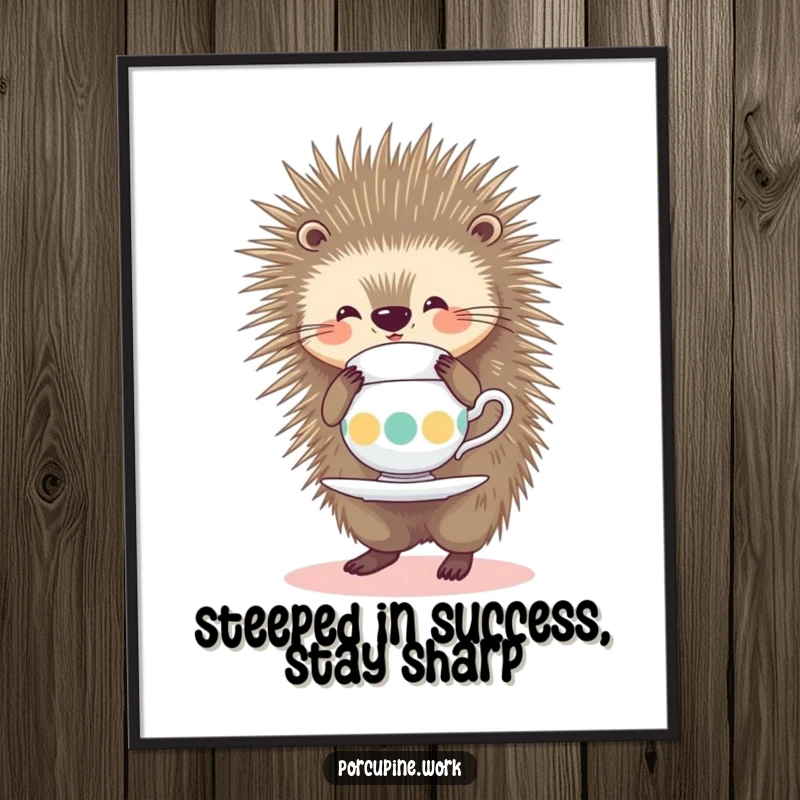 Funny free printable wall art: a smiling porcupine balances a teacup on its quills, a whimsical and adorable display.