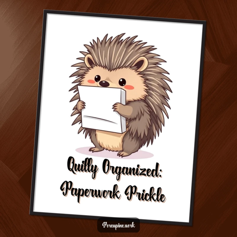 Funny Free Printable Wall Art: A porcupine precariously but proudly holds a large stack of papers on its quills.