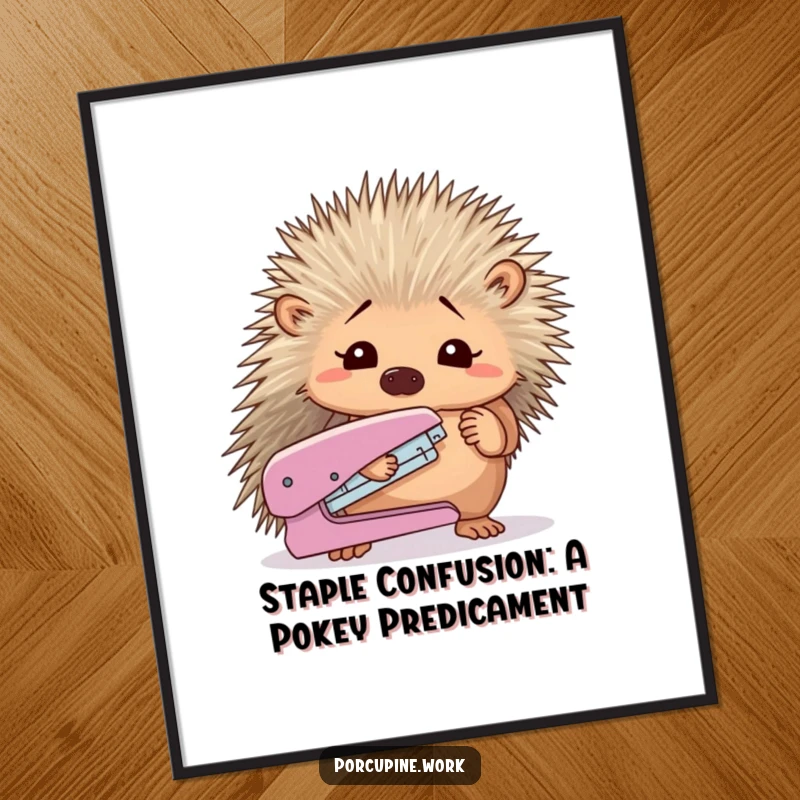 Funny Free Printable Wall Art: A porcupine stares blankly at a stapler it holds, unsure of its function.