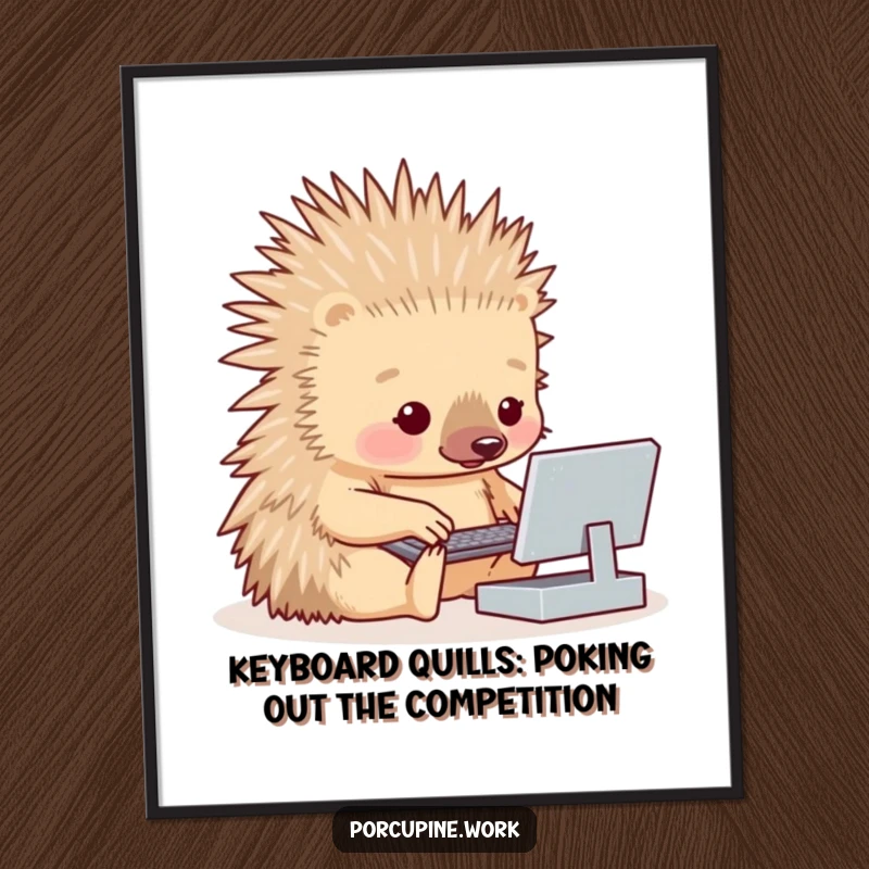 Funny Free Printable Wall Art: A porcupine intently types on a very small computer keyboard.