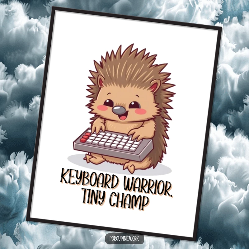 Funny Free Printable Wall Art: A happy porcupine busy typing on a tiny keyboard, adding quirky charm.