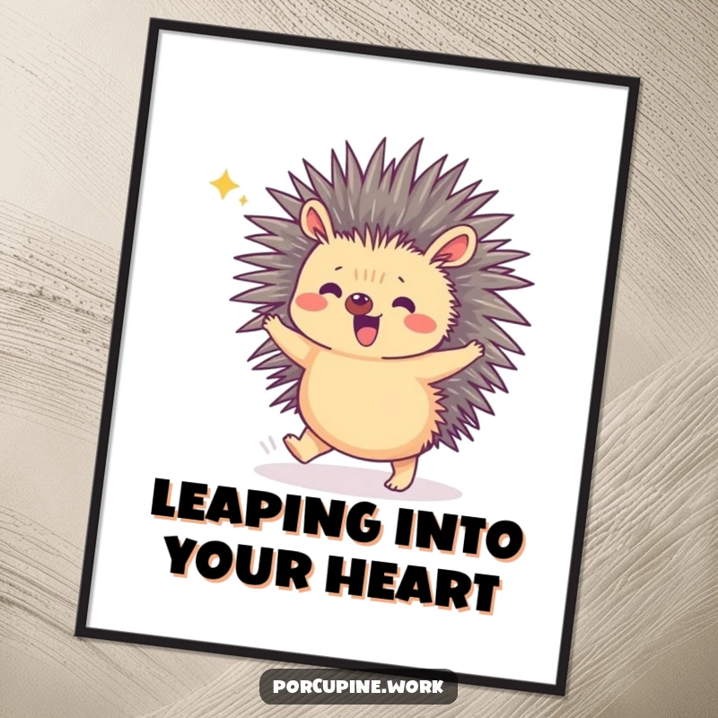 Funny free printable wall art of a porcupine doing a small, ecstatic hop to celebrate a victory, radiating infectious joy.