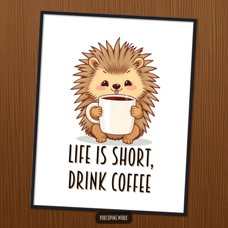 Funny Free Printable Wall Art: A content porcupine sports a cheerful expression while holding a generous mug of coffee.