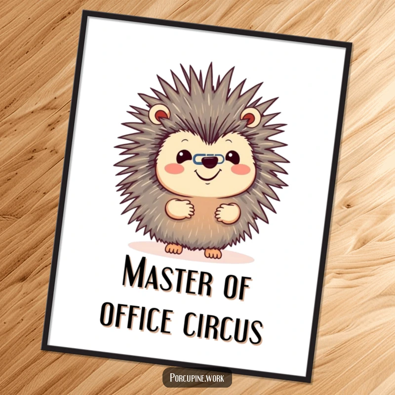 Funny Free Printable Wall Art: A porcupine with a cheerful grin balancing a paperclip on its nose, office humor art.
