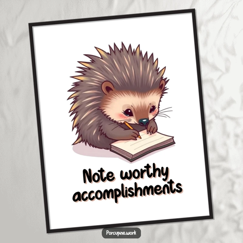 Funny Free Printable Wall Art: A focused porcupine scribbles notes on a tiny notepad, embodying diligent effort.