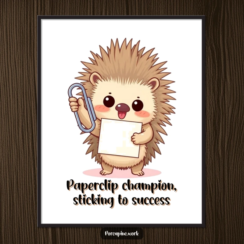 Funny Free Printable Wall Art: A porcupine triumphantly holds an oversized paperclip with a proud smile, a humorous depiction of success.