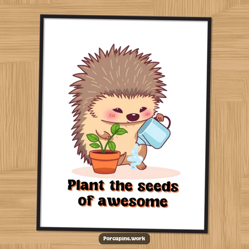 Funny Free Printable Wall Art: A porcupine enthusiastically watering a tiny potted desk plant, office greenery art.