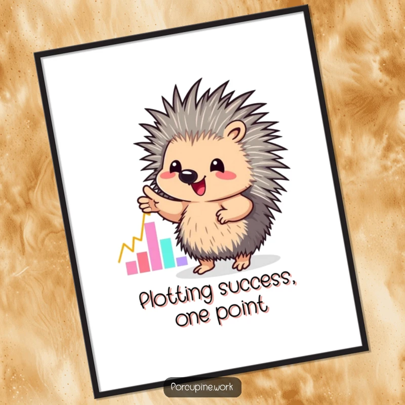 Funny Free Printable Wall Art: A porcupine enthusiastically gestures towards a colorful, upward-trending graph, symbolizing progress and achievement.