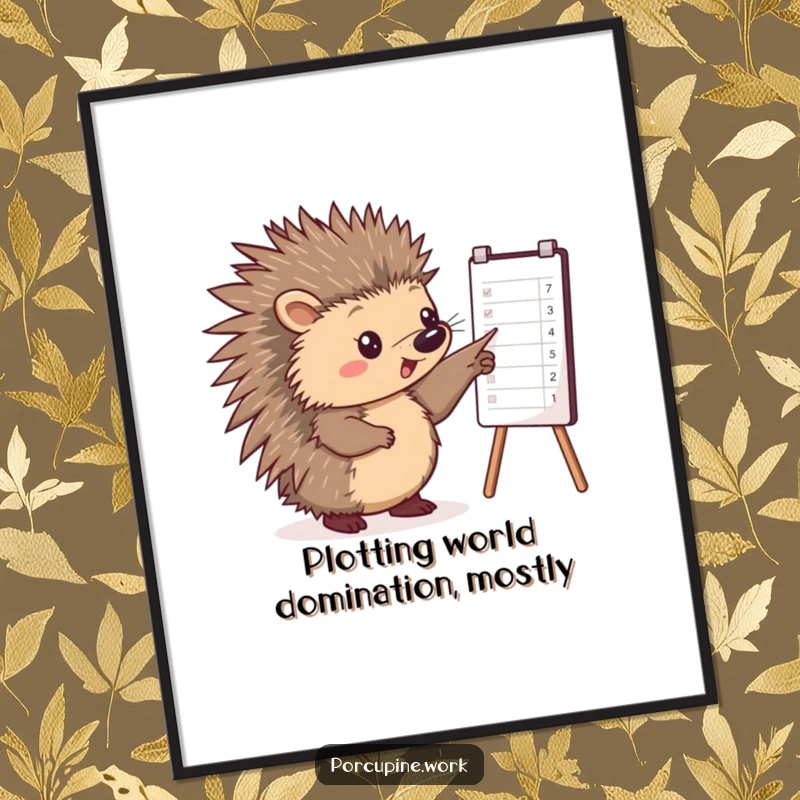 Funny free printable wall art of a porcupine diligently pointing at a business chart, showcasing success with a humorous touch.