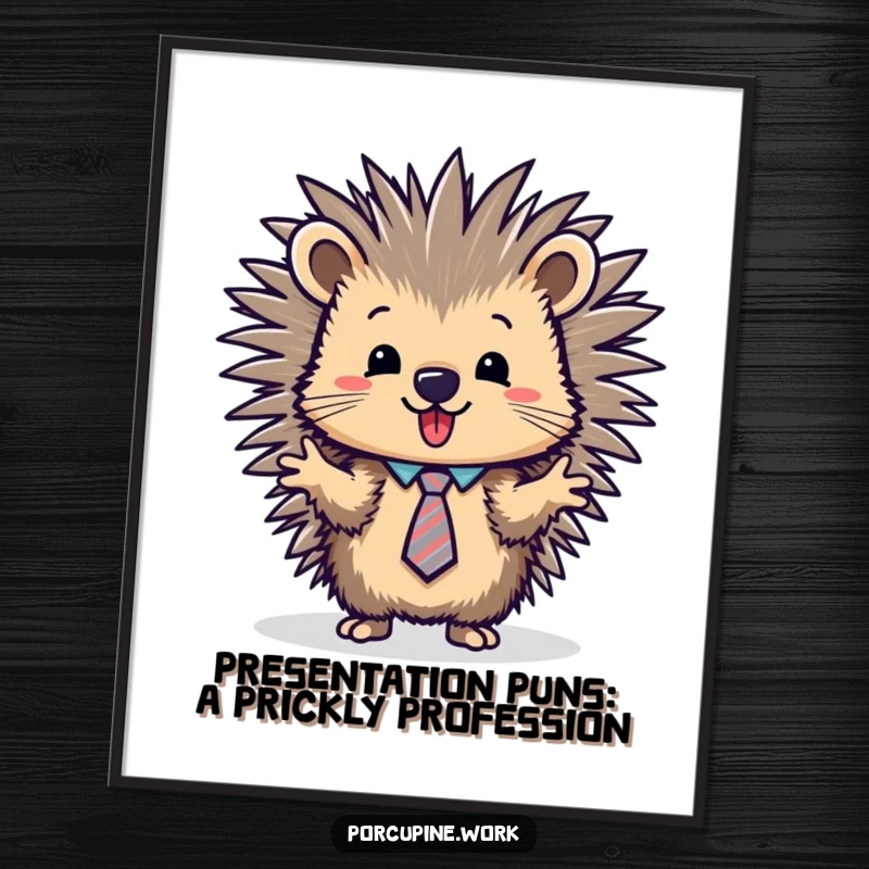 Funny Free Printable Wall Art: A porcupine in a tie enthusiastically presents business charts with a smile.