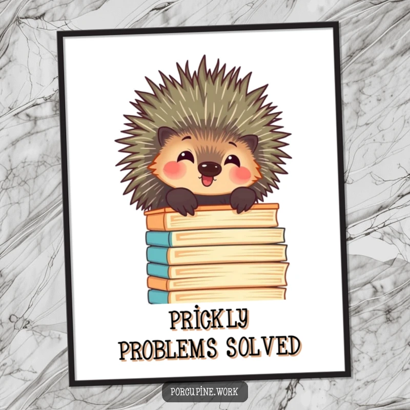Funny Free Printable Porcupine Wall Art, a porcupine peering over a towering stack of files with pure amusement.