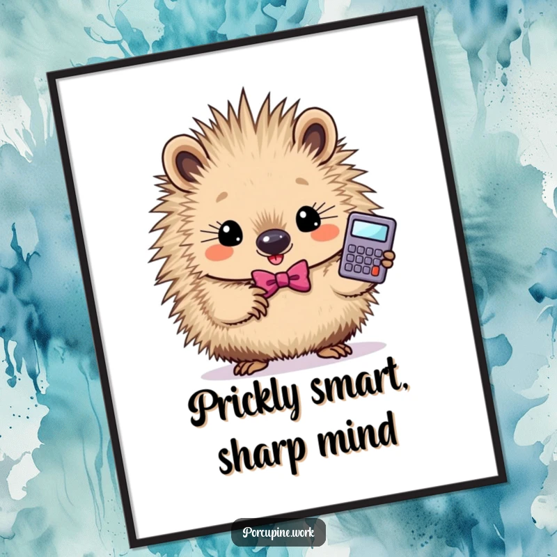 Funny Free Printable Wall Art: Determined porcupine wearing a mini bowtie, proudly holding a tiny calculator.