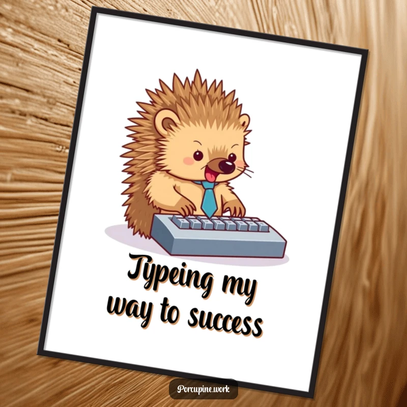 Funny free printable wall art of a porcupine wearing a tiny tie and typing with focused enthusiasm on a computer keyboard.