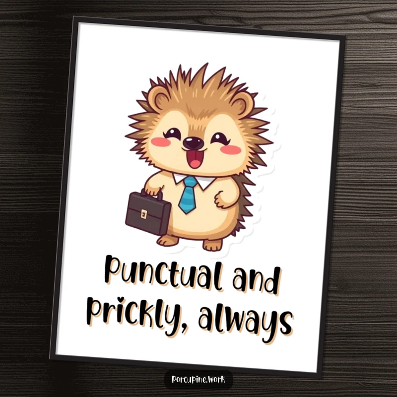 Funny Free Printable Wall Art: Round porcupine in business tie, excitedly holding a briefcase, perfect office decor.