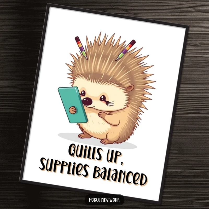 Funny free printable wall art of a porcupine skillfully balancing various office supplies on its quills. Office humor defined.