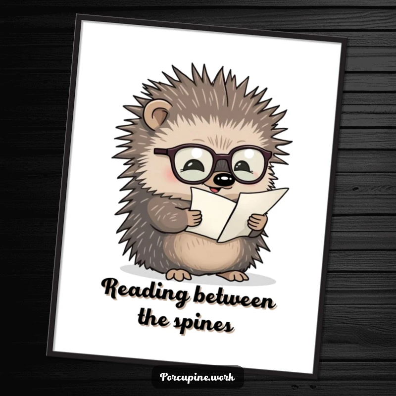 Funny free printable wall art of a porcupine wearing glasses, deeply engrossed in reading a minuscule document, bringing scholarly humor.