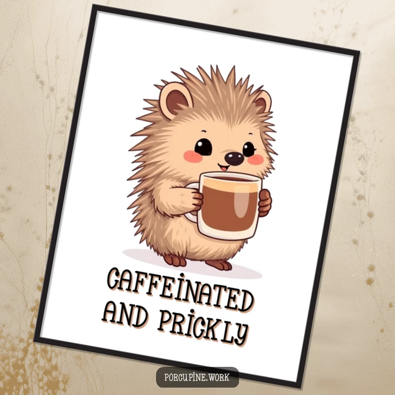 Funny Free Printable Porcupine Wall Art, a porcupine holding a large coffee mug with a very pleased expression.