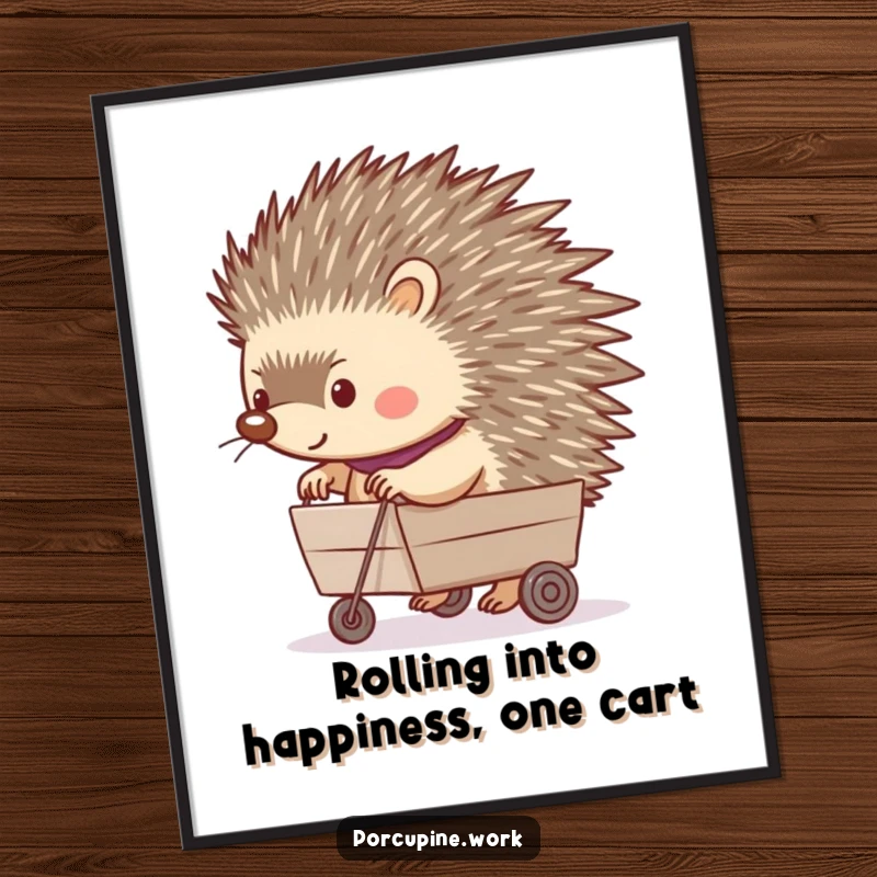 Funny Free Printable Wall Art: A porcupine joyfully pushing a tiny rolling cart, bringing whimsy and smiles.