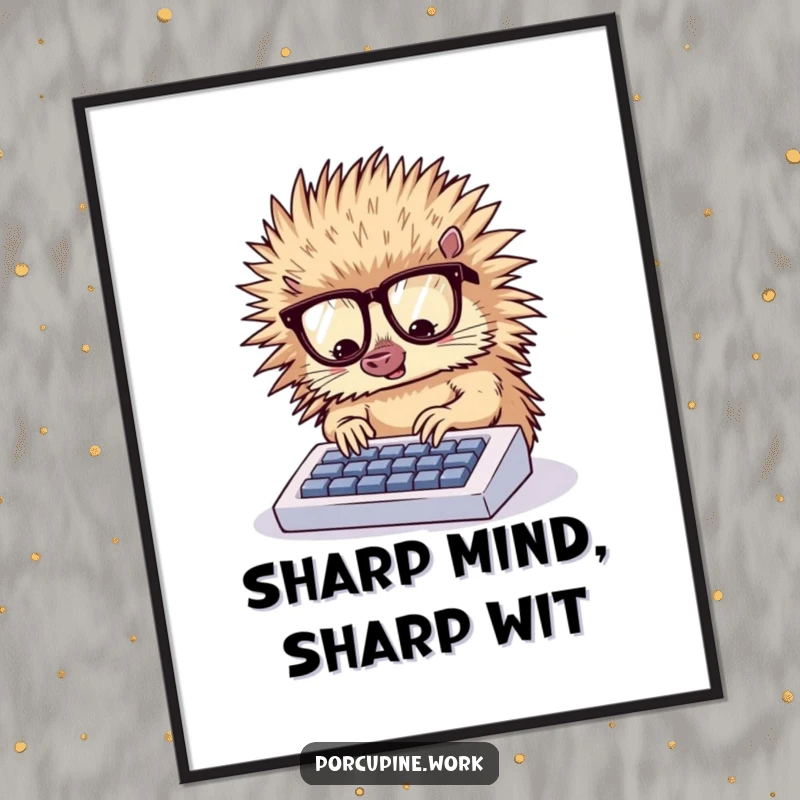 Funny Free Printable Wall Art: A focused porcupine wearing glasses diligently types on a compact keyboard, perfect office humor.