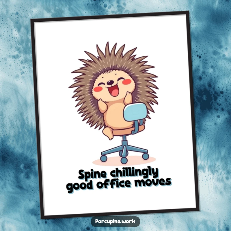 Funny Free Printable Wall Art: A porcupine joyfully rides a rolling office chair with infectious glee and a big smile.