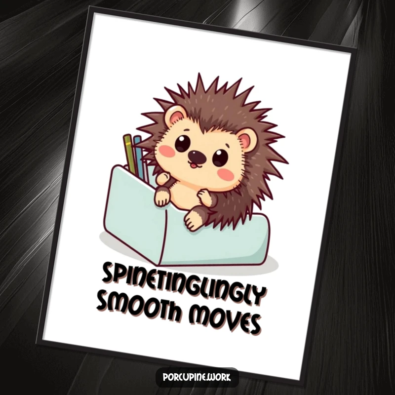 Funny free printable wall art of a surprised porcupine hilariously sliding down a desk organizer, adding a splash of humor to decor.
