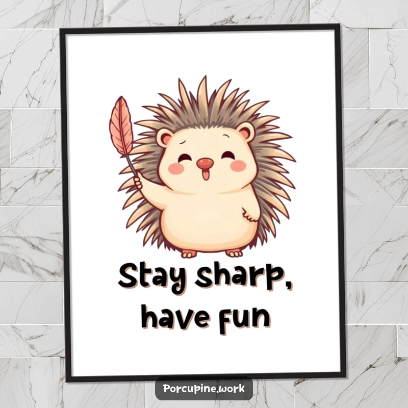 Funny Free Printable Wall Art of a smiling porcupine cheerfully waving a quill, adding quirky decor.