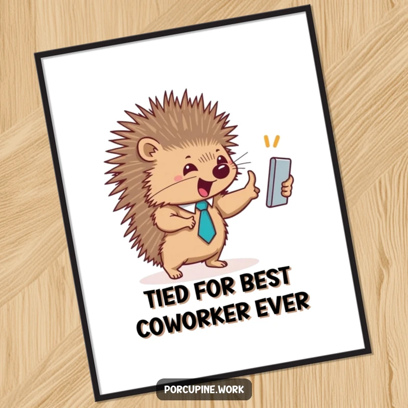 Funny Free Printable Wall Art: A porcupine in a tiny tie enthusiastically exchanges a high-five with a coworker, promoting teamwork.