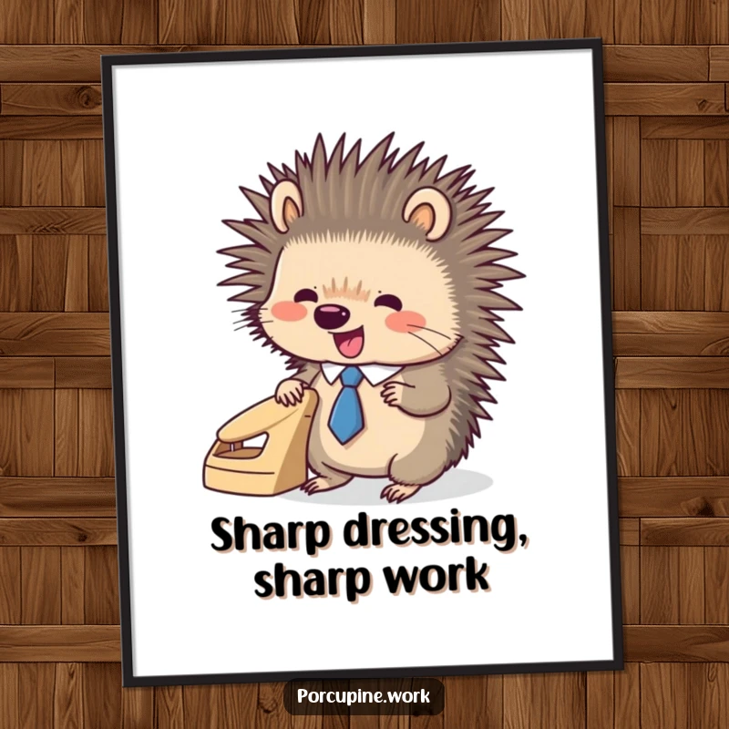 Funny Free Printable Porcupine Wall Art, a porcupine in a tiny tie using a hole punch with enthusiasm.