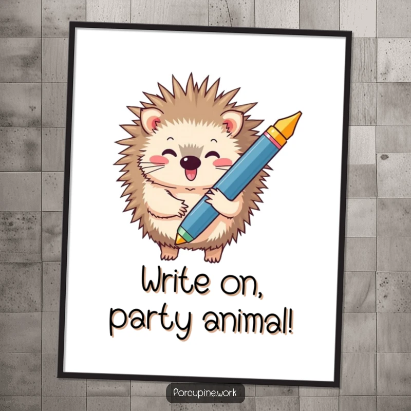 Funny Free Printable Wall Art: A porcupine beams with pride, holding a comically large pen, ready for artistic expression. Hilarious decor.