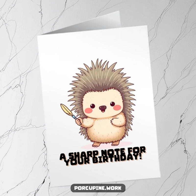 Funny Free Printable Birthday Card: A porcupine kindly offers a single quill, presented as a writing pen.