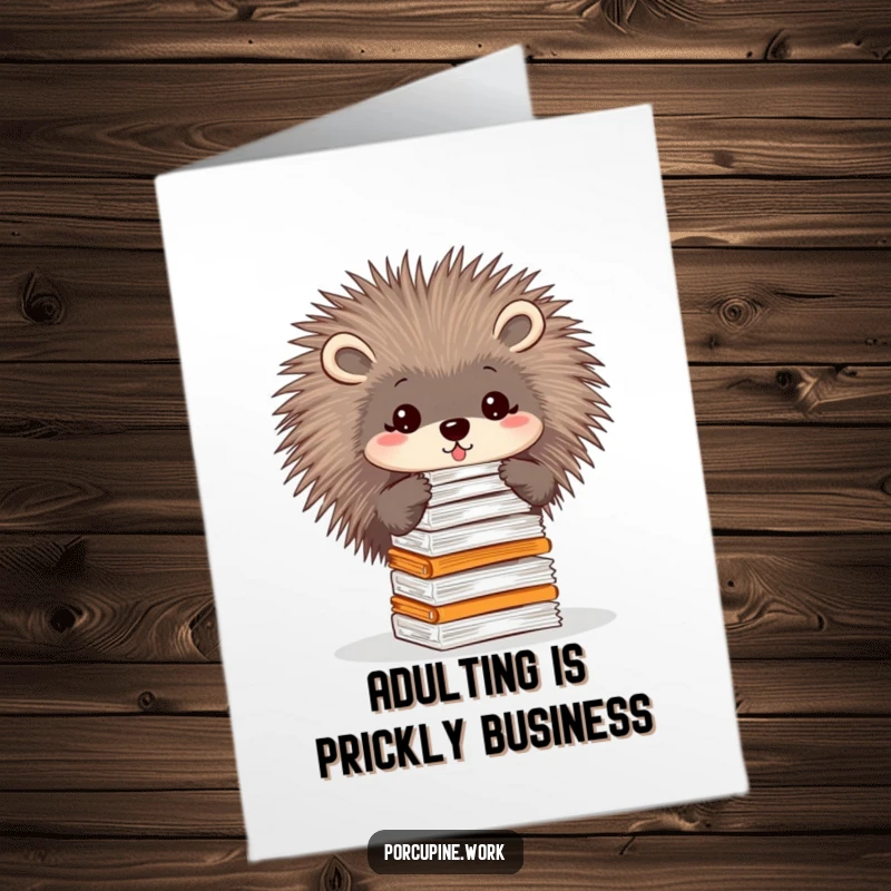 Funny Free Printable Birthday Card: A porcupine precariously balances a tall stack of papers on its quills, a relatable birthday wish.