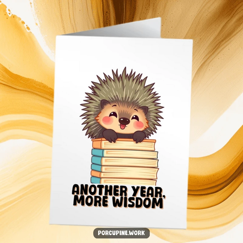 Funny Free Printable Porcupine Birthday Card, a porcupine peeking over a huge stack of files, amused by the chaos.