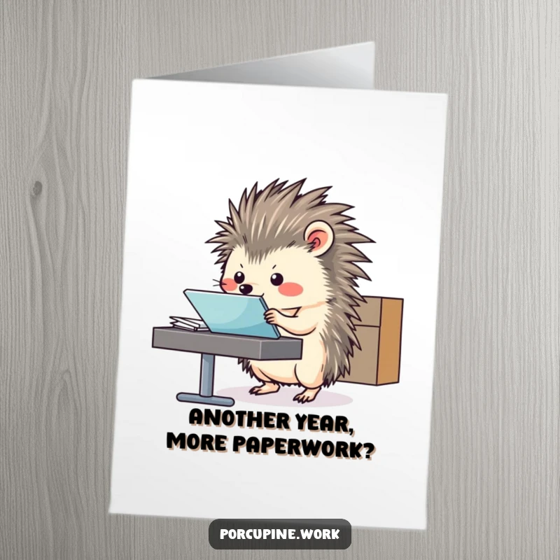 Funny Free Printable Birthday Card showing a porcupine sliding a file folder across a desk with flair.