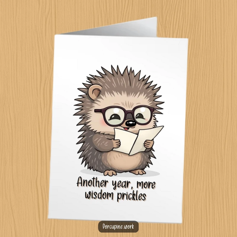 Funny free printable birthday card showing a porcupine wearing glasses, concentrating on a minuscule document with great focus.