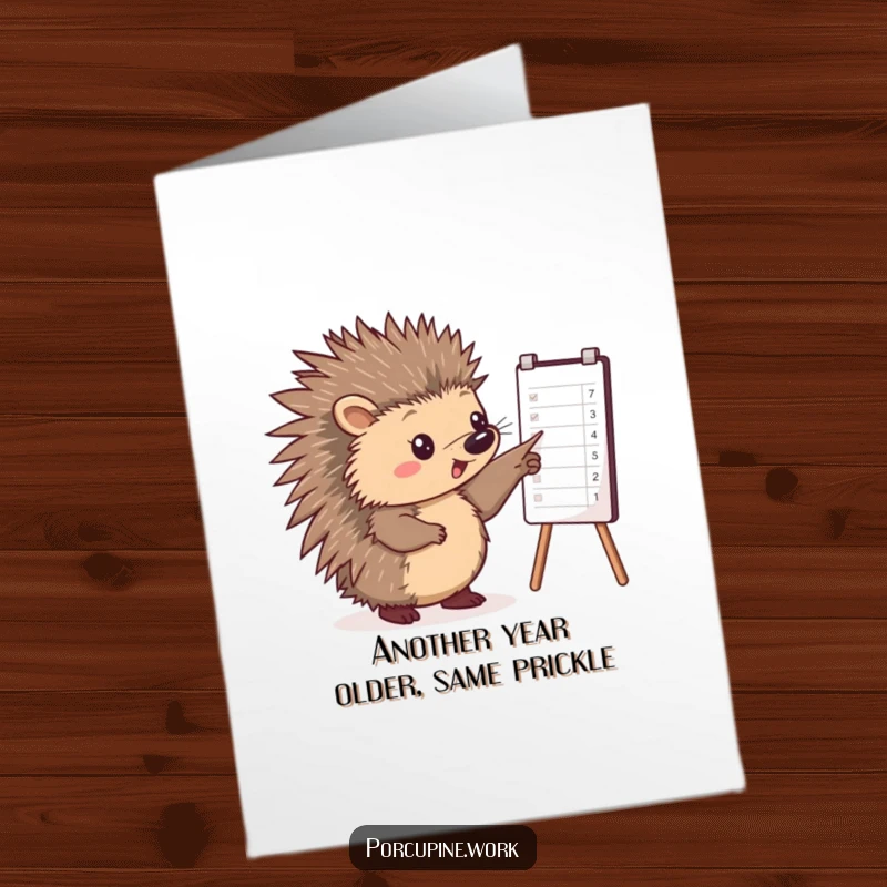 Funny free printable birthday card with a porcupine pointing a paw at a business chart, highlighting a key success.