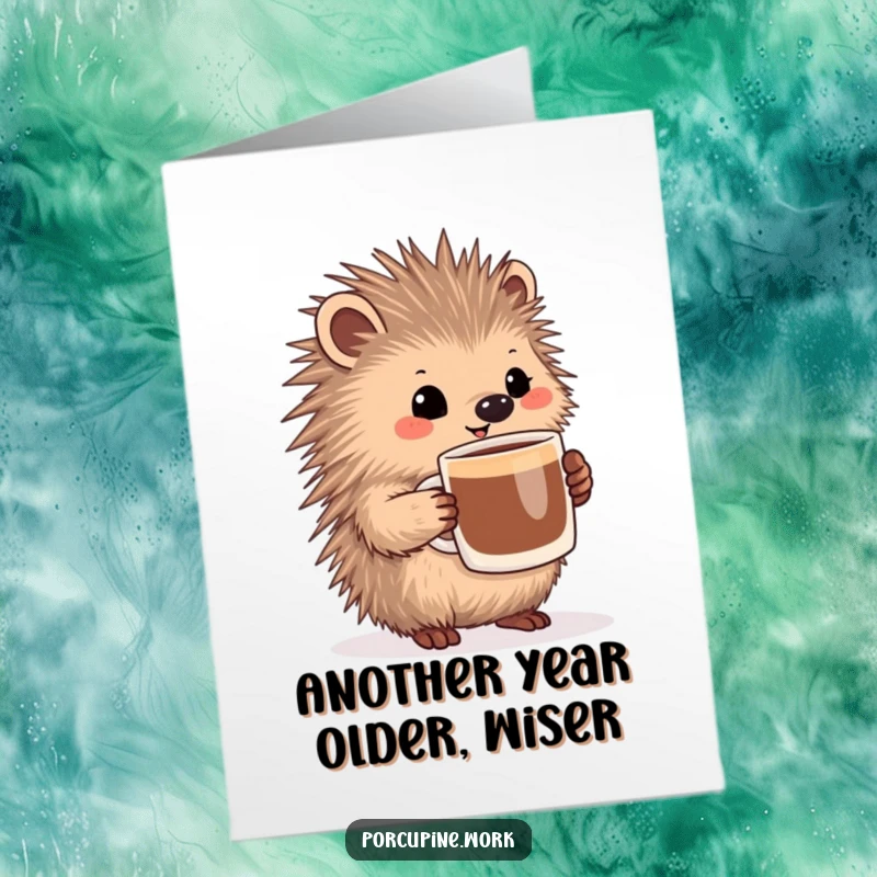 Funny Free Printable Porcupine Birthday Card, a porcupine smiling contentedly with a large coffee mug, happy birthday.