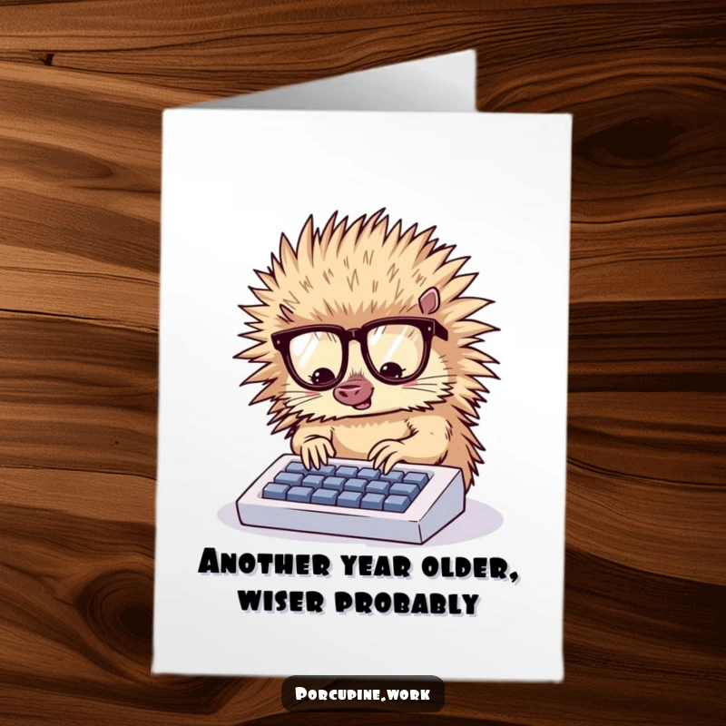 Funny Free Printable Birthday Card: A smart porcupine wearing glasses types rapidly on a tiny keyboard, perfect for tech lovers.