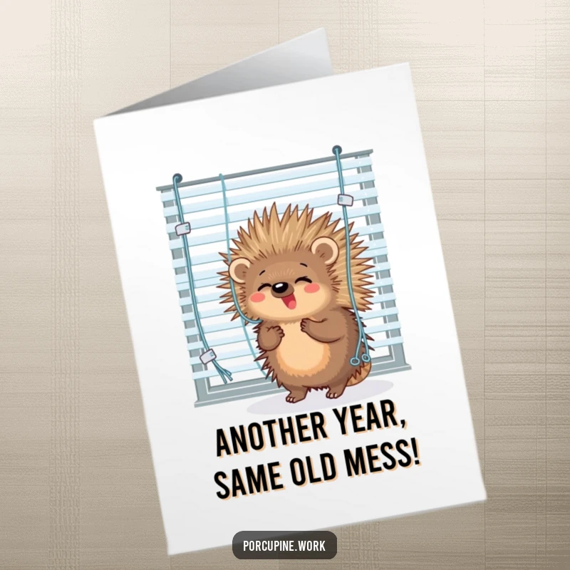 Funny Free Printable Birthday Card: A porcupine is humorously tangled in office window blinds.
