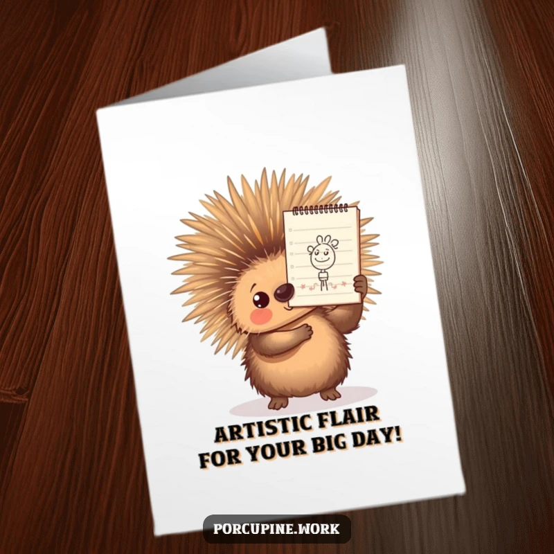 Funny free printable birthday card: a porcupine proudly displays a detailed doodle drawn on a notepad, beaming with pride.