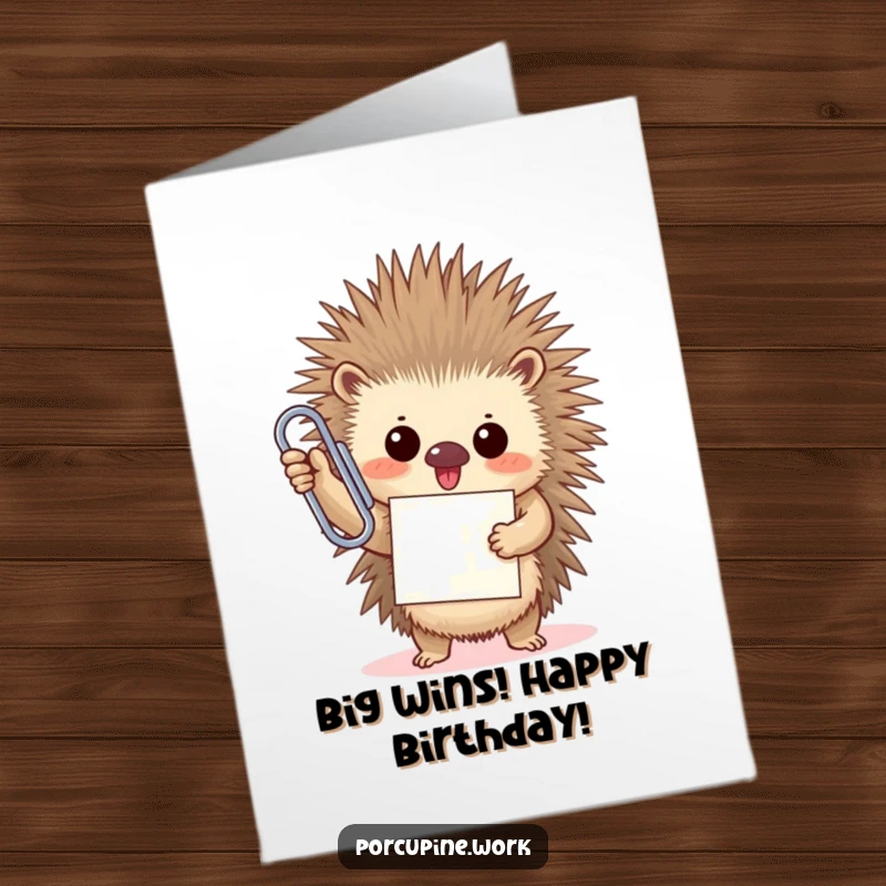 Funny Free Printable Birthday Card: A porcupine triumphantly holds an oversized paperclip with a proud smile, celebrating a milestone.