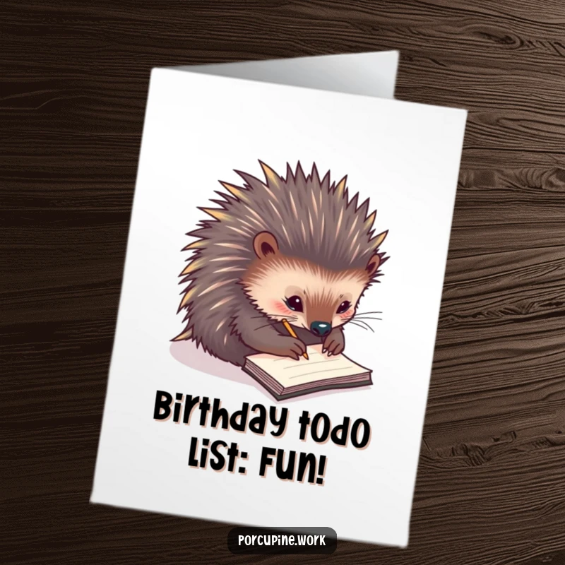 Funny Free Printable Birthday Card: A busy porcupine scribbles notes on a tiny notepad, celebrating their special day.