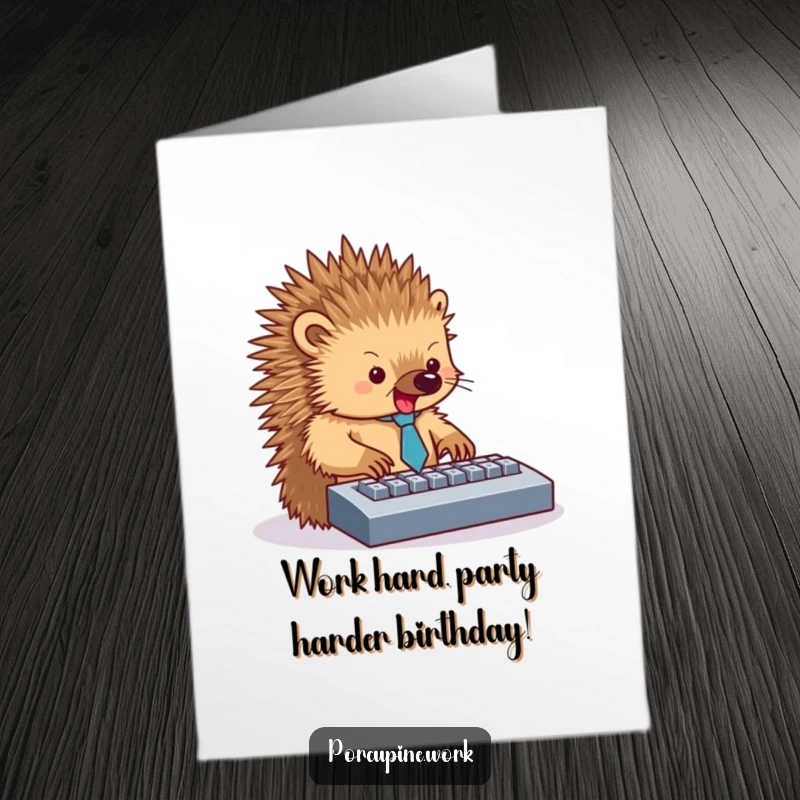 Funny free printable birthday card of a porcupine in a tiny tie, typing furiously and enthusiastically on a keyboard.