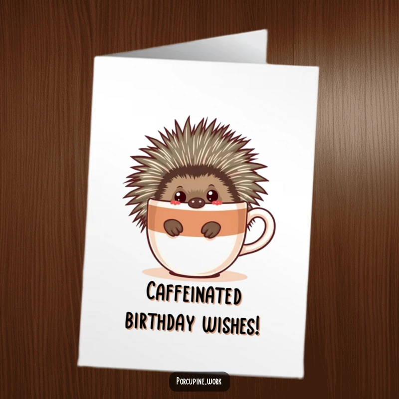 Funny Free Printable Birthday Card: A porcupine curiously peeks around a giant cartoon coffee cup, ready for a celebration.