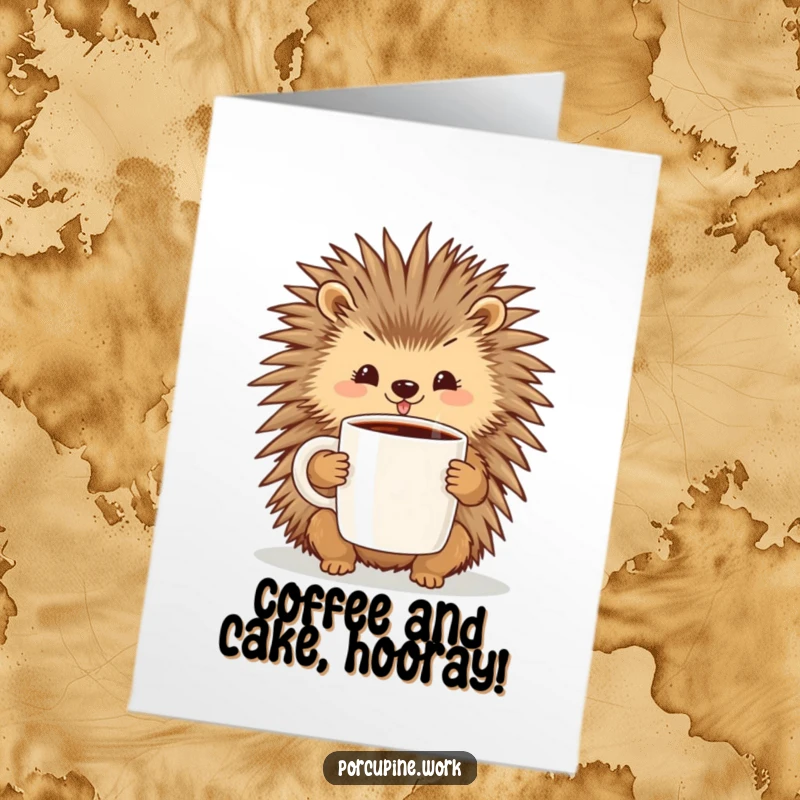 Funny Free Printable Birthday Card: A cheerful porcupine joyfully holds a large mug of coffee, ready to face the day.