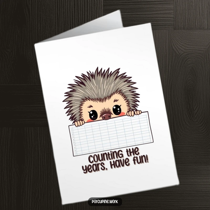 Funny free printable birthday card: a porcupine peeks over a massive spreadsheet with wide, intensely focused eyes. Data dedication!