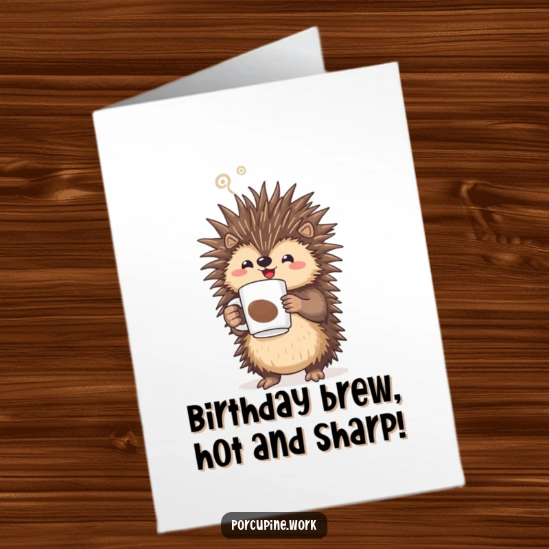 Funny Free Printable Birthday Card: A porcupine joyfully holds a steaming coffee mug, looking triumphant.