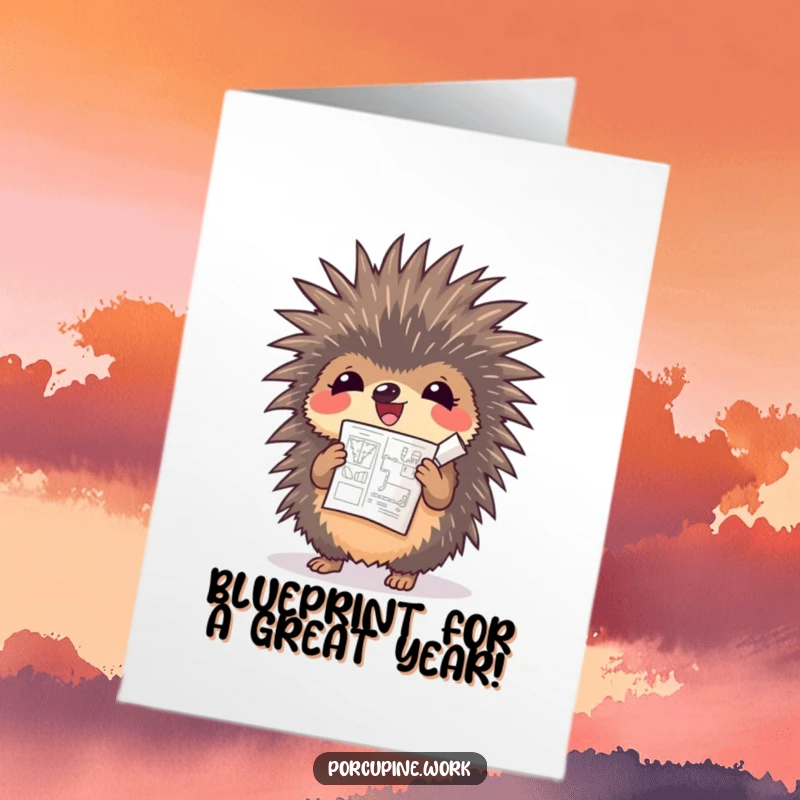 Funny Free Printable Birthday Card: A happy porcupine cheers while holding a small, rolled blueprint.