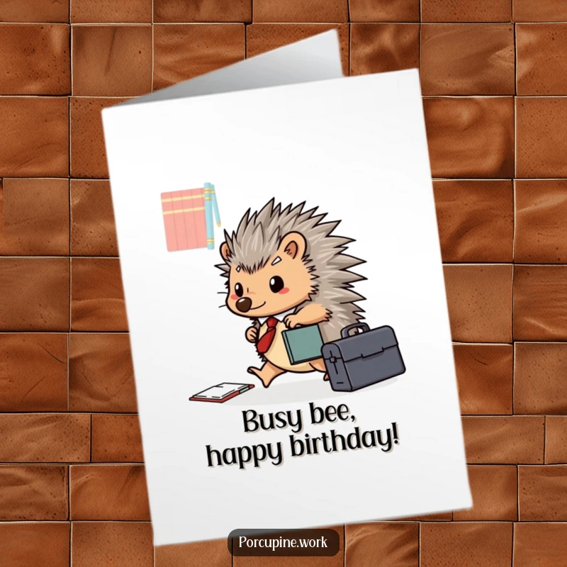 Funny Free Printable Birthday Card: A porcupine with a briefcase scurrying across a desk, symbolizing a busy but happy birthday.