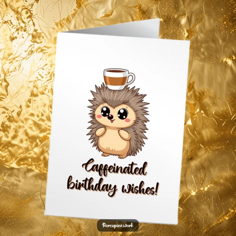 Funny Free Printable Birthday Card: A porcupine with wide, startled eyes precariously balances a full coffee cup on its head, ready for a wild birthday.